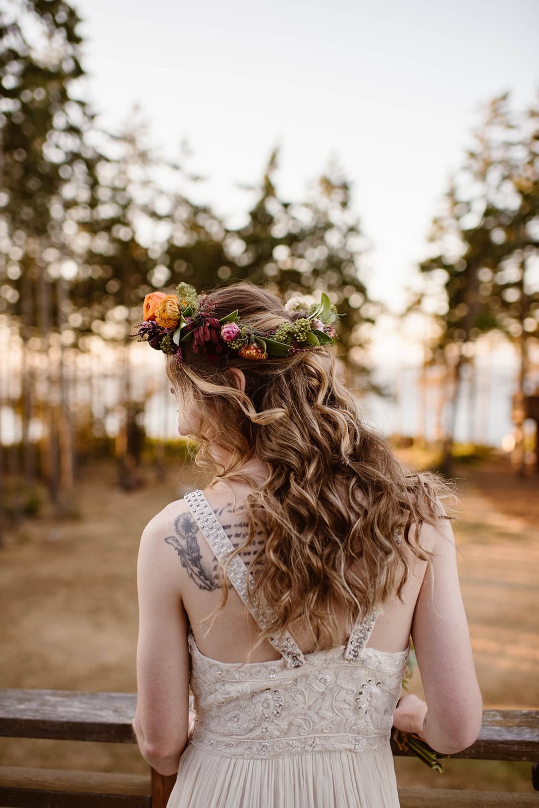 A detail photo of the back of the brides look.