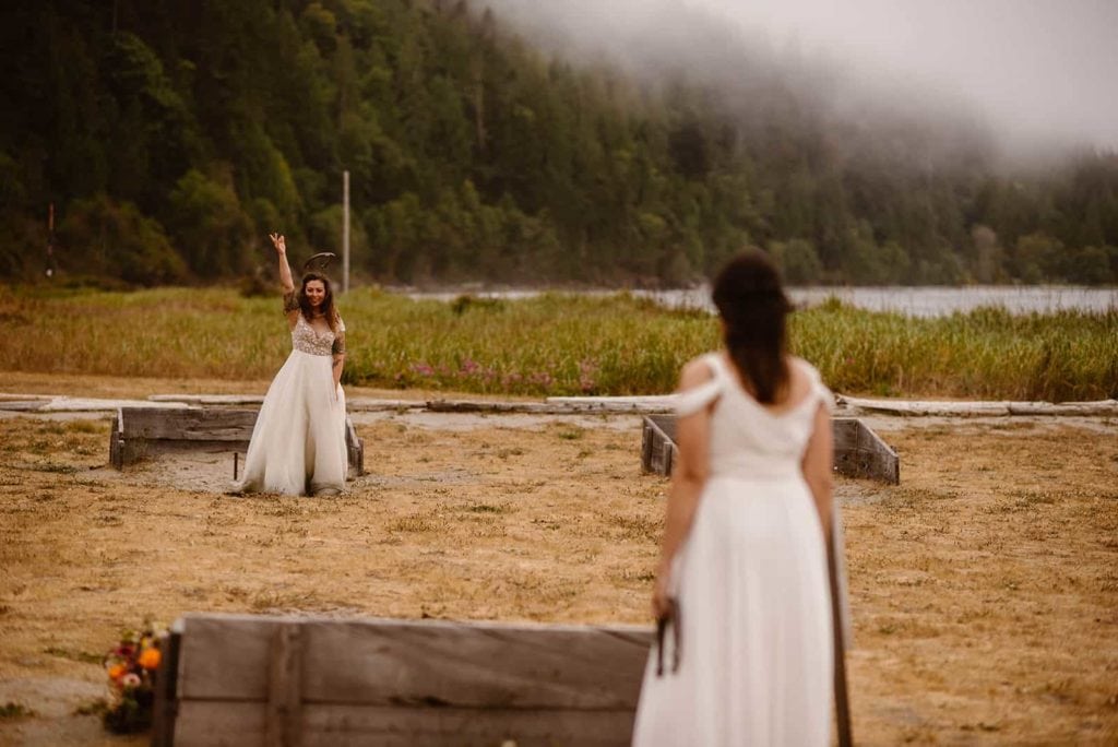 a bride waving to her bride.