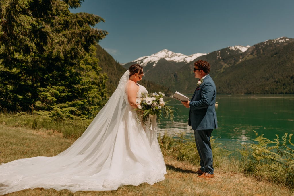 A bride and groom exchanging their personal vows.