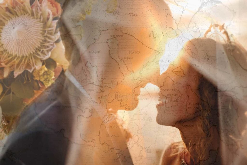 A double exposure of the brides bouquet and the couple standing together