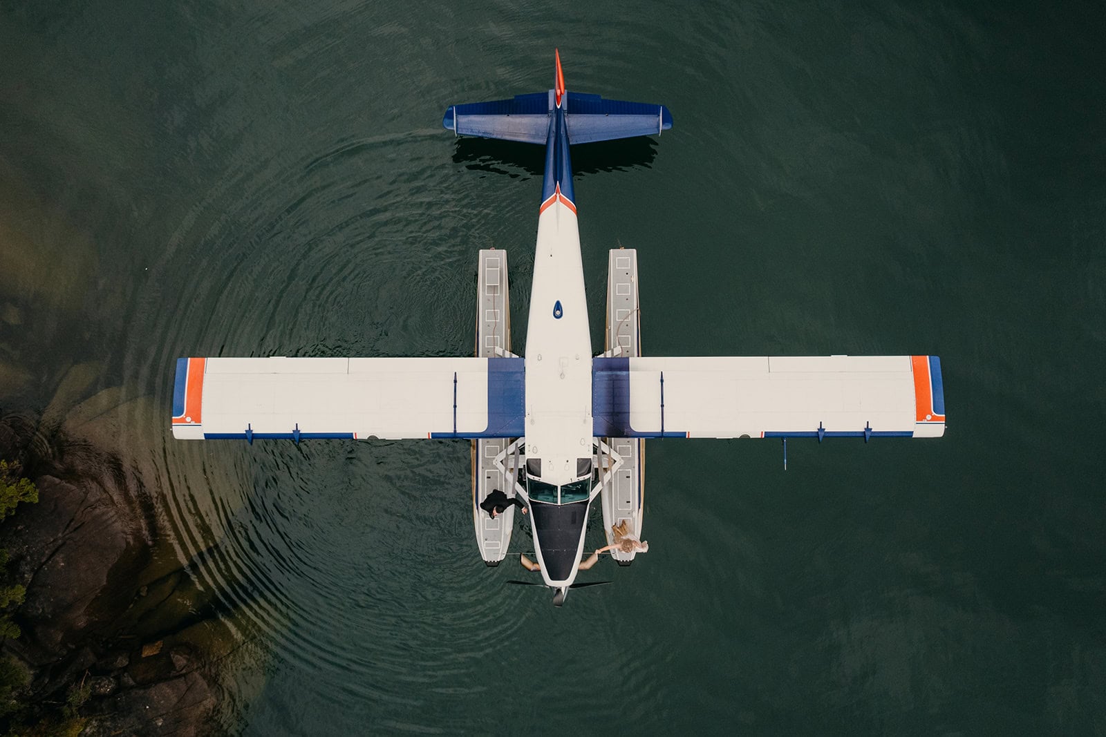 An overhead shot of one of Wardair's seaplanes during an elopement in Juneau.