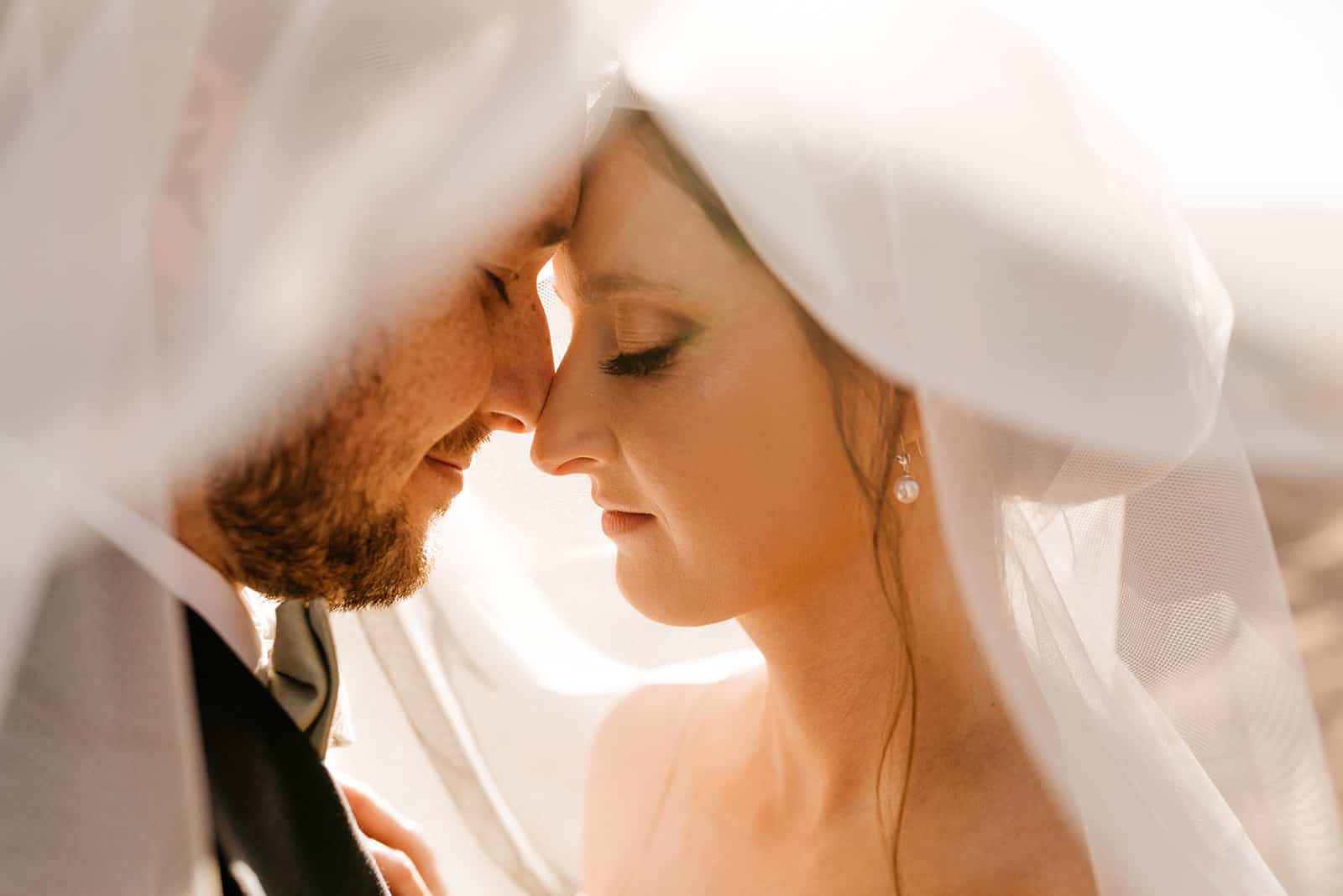 A close detail photograph of a bride and groom under the brides veil.