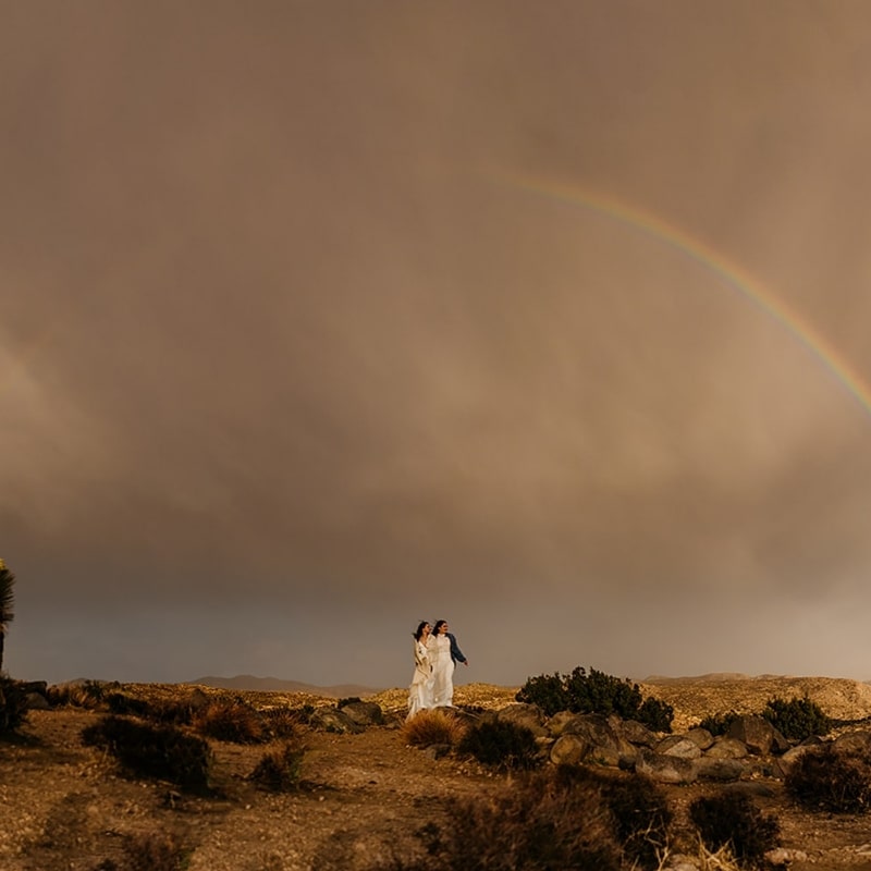 Two brides under a rainbow in Joshua Tree.