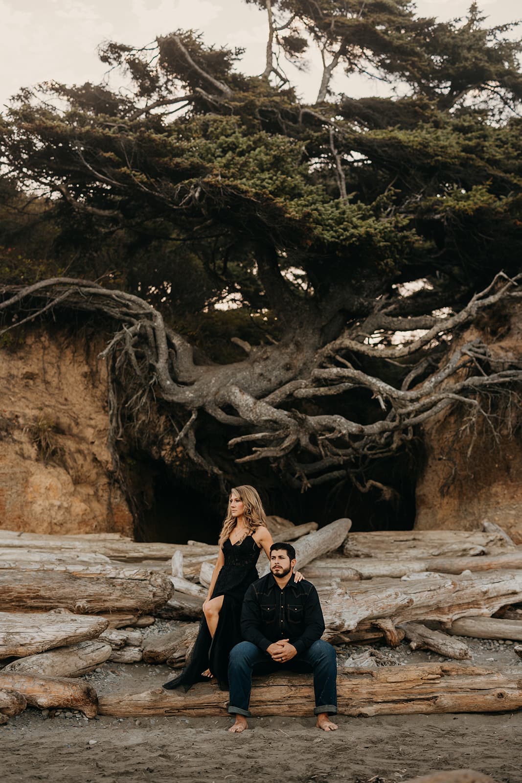 A bride and groom sit in front of the Tree of Life.