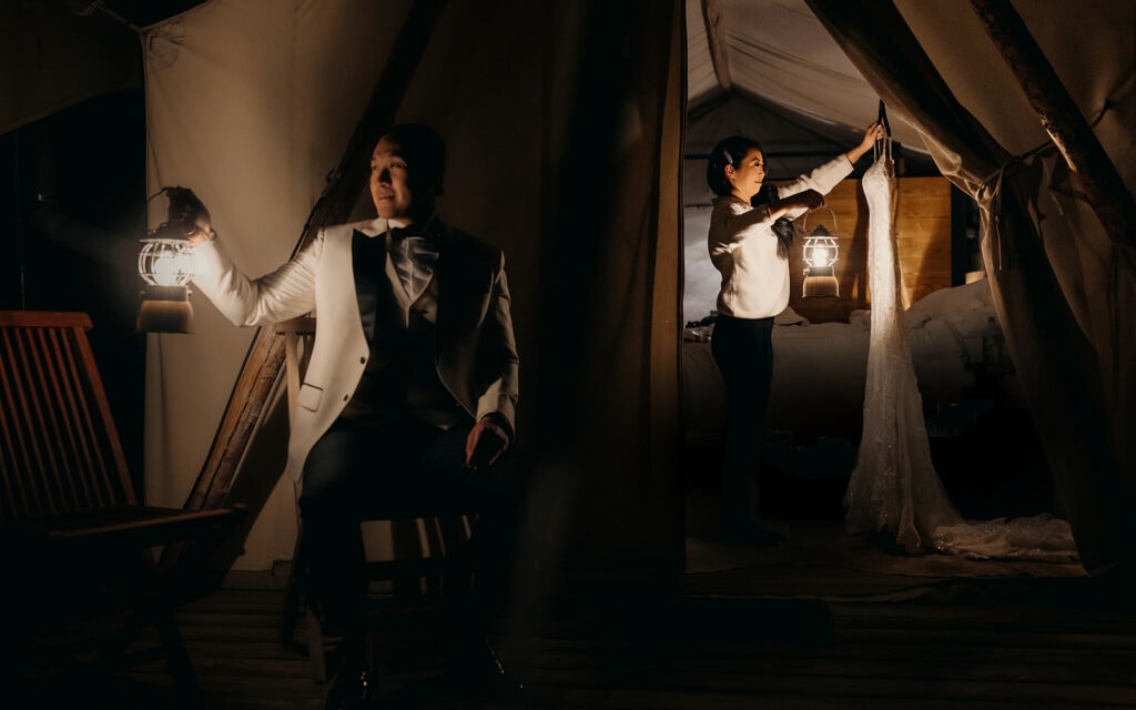 A photo of the couples together while they each get ready before seeing each other at the first look at Under Canvas.