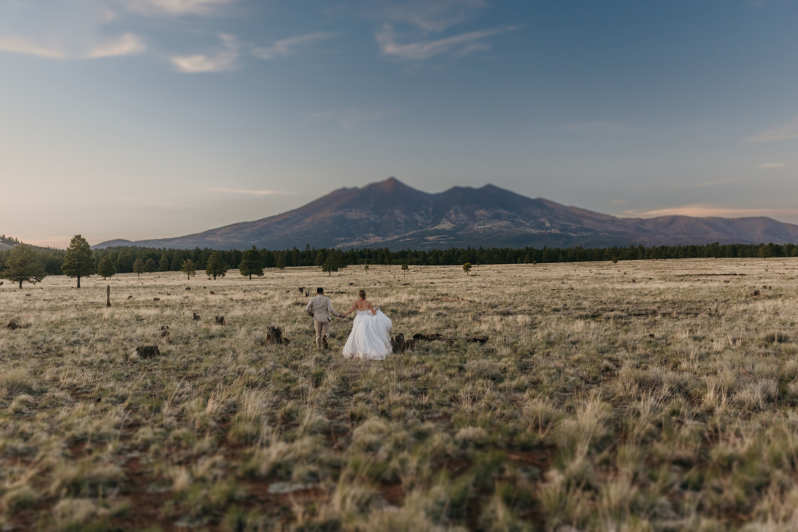 A couple runs in a field looking towards Humphrey's Peak.