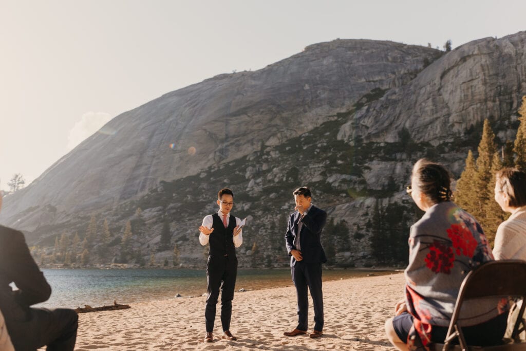 A groom speaks of his best man during the ceremony. 