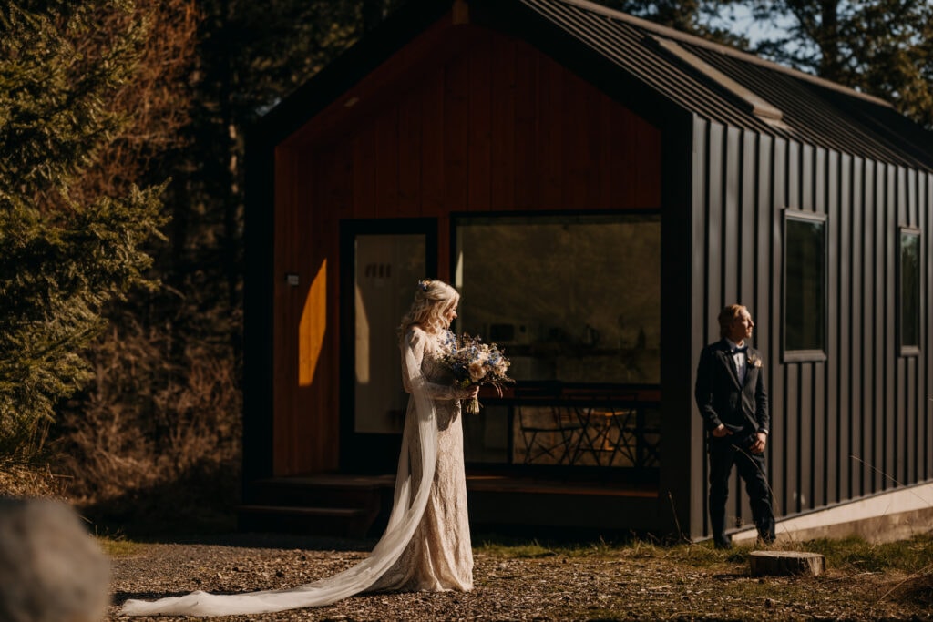 A full sun portrait of a bride and groom on their wedding day at Salt Farms in Washington.