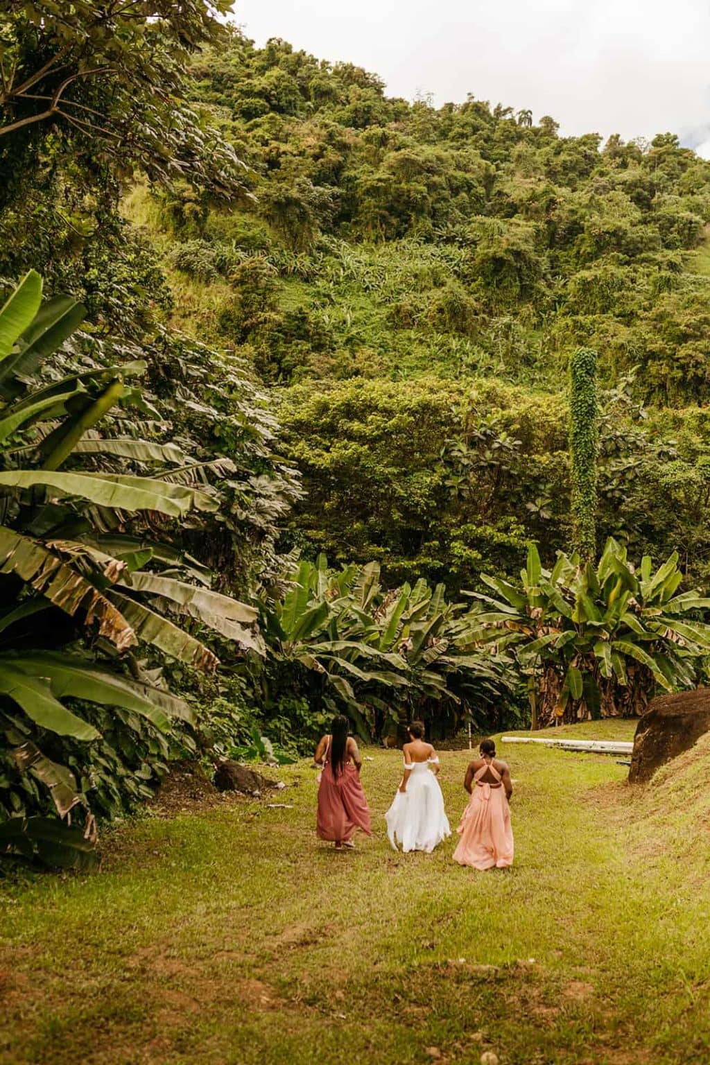 A bride walks through a field together. 