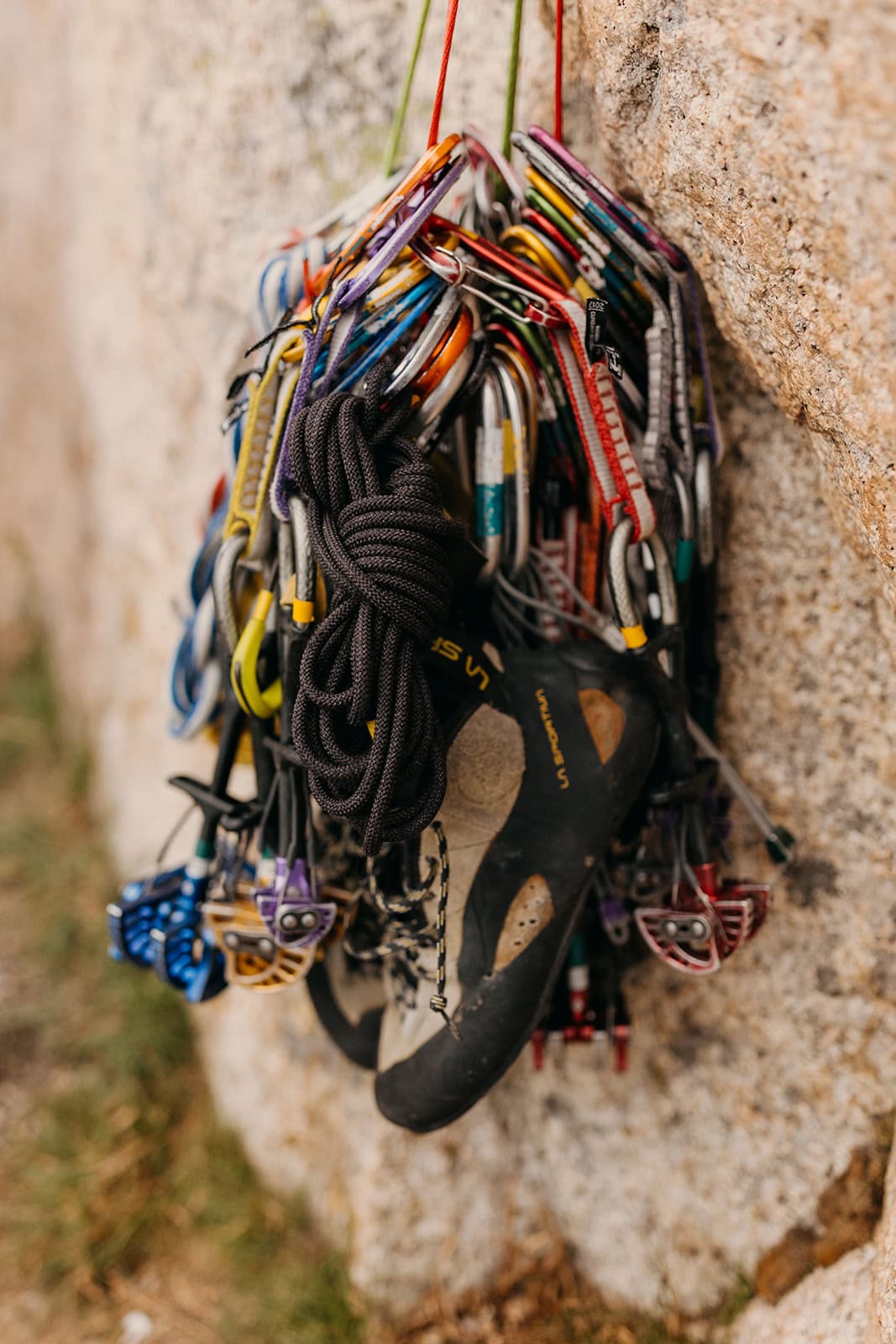 A detail photo of all of the climbing gear at the summit.