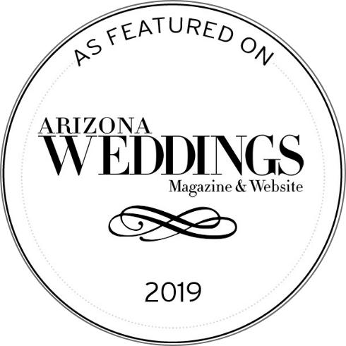 Badge that says "As Featured On Arizona Weddings Magazine & Website. 2019."