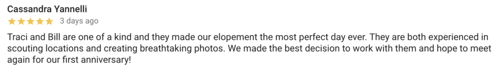 A review left by the couple on google for the elopement photography team company.
