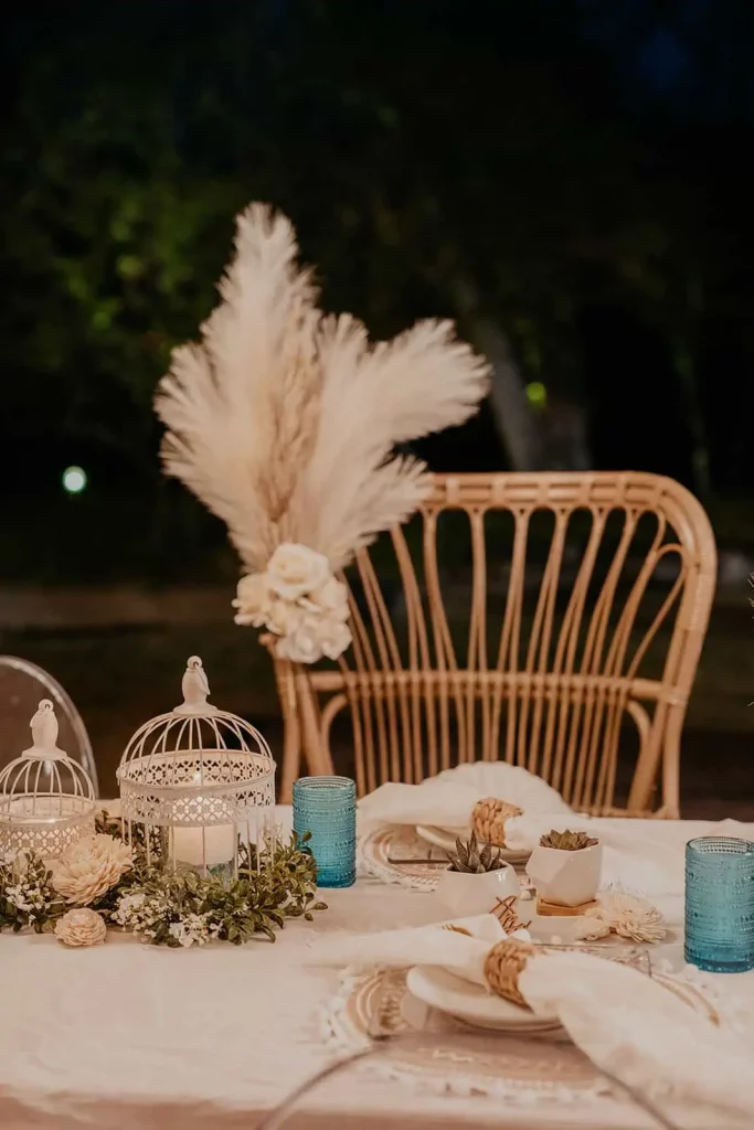 A detail photograph of a table before dinner at a wedding.